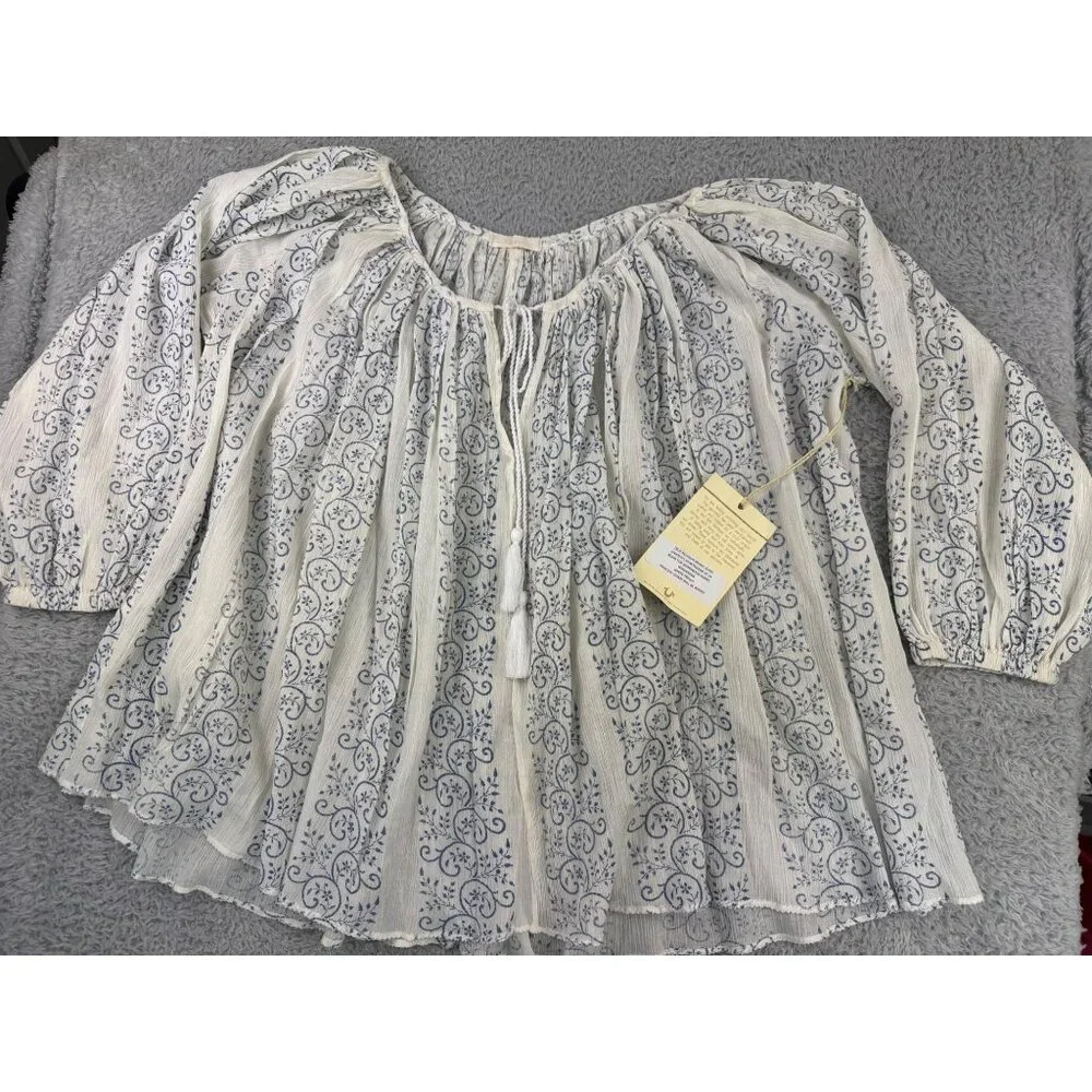 True Religion Womens Boho Top S Blue & White Trellis Print With Princess Seams - Picture 10 of 16